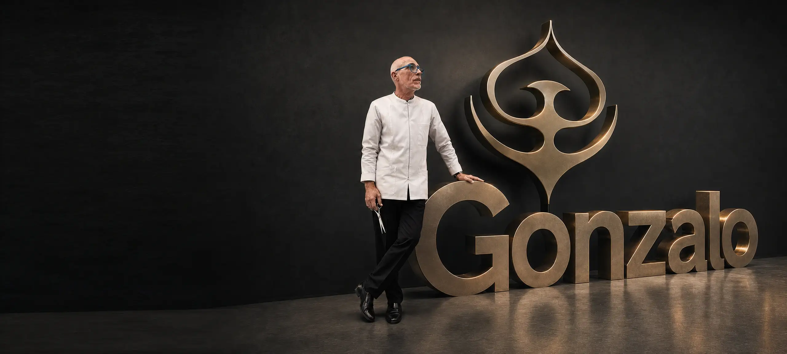 Gonzalo, peluquero y barbero, con sus tijeras junto al logo dorado de Peluquería Gonzalo