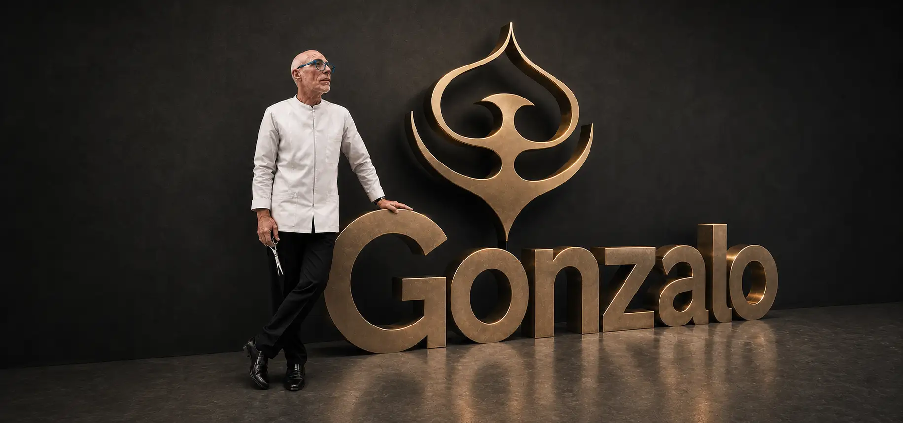 Gonzalo, peluquero y barbero, con sus tijeras junto al logo dorado de Peluquería Gonzalo
